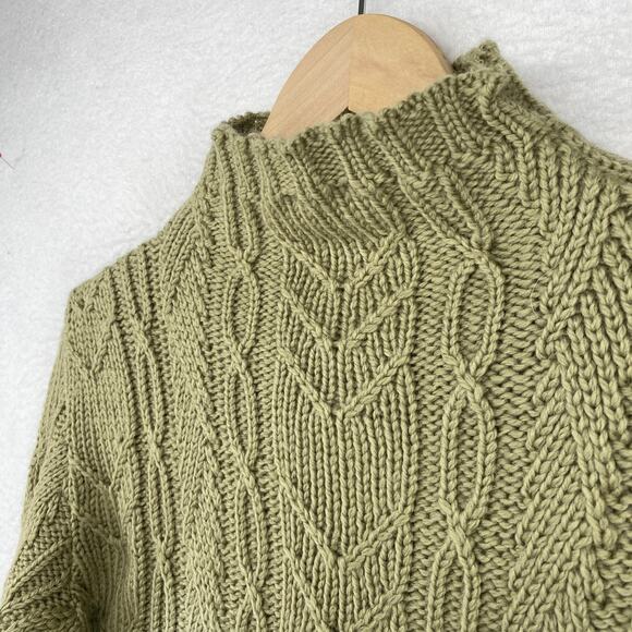 PAUL JAMES Sweater Women S Wool Fisherman Cable Funnel Neck Pullover Green Khaki - Picture 2 of 9